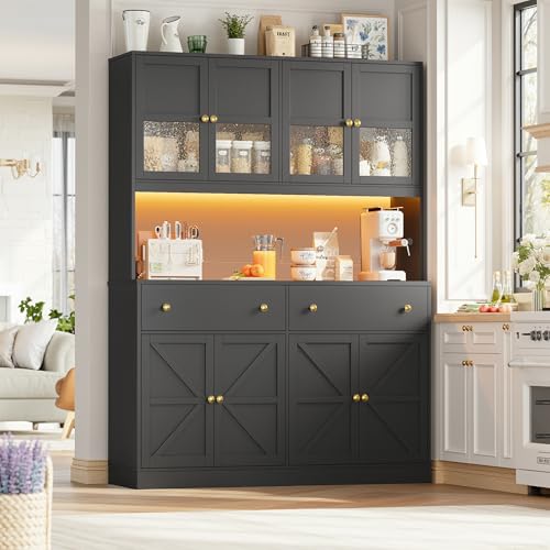 Image of FINETONES 71 inch Pantry Cabinet with LED Light and Charging Station, Farmhouse Kitchen Pantry Cabinet with Microwave Stand, 47.2 inch Wide Kitchen Hutch Food Pantry with Open Countertop, Black