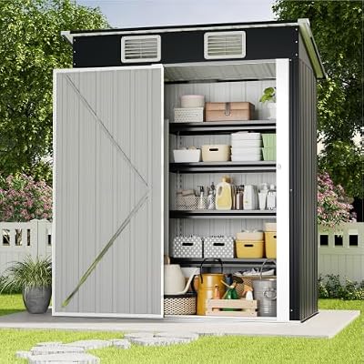 5x3 FT Outdoor Storage Shed, Weatherproof Garden Shed with Lockable Double Doors, Sloped Roof & Ventilation for Backyard, Patio, Poolside