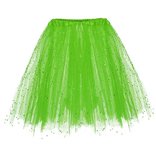 PASATO Ruffle Vintage Petticoat Tulle Skirt for Women Elastic 3 Layered Short Skirt Adult Tutu Dancing Skirt(Green,Free Size)