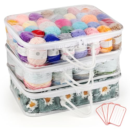 Coopay Lot de 3 organiseurs de rangement transparents pour fils - Anti-poussière et imperméable - Avec 4 étiquettes - Sac de rangement portable pour laine...