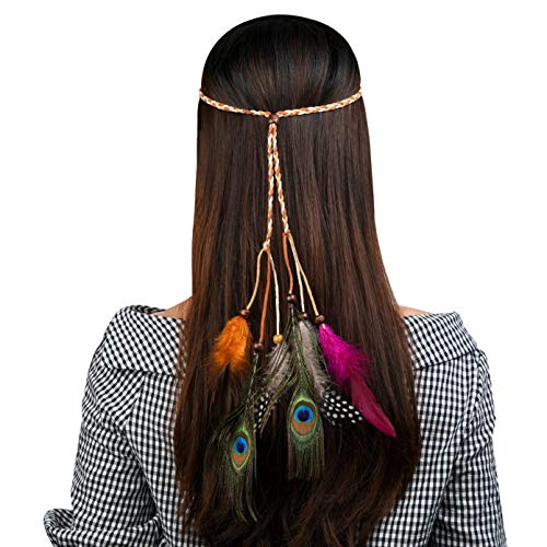 Bluecell Hippie Feather Headband Feather Dreamcatcher Headdress - Bohemian Indian Gypsy Headwear Native American Headpiece Peacock Feather Hairband Hair Accessories (Brown)