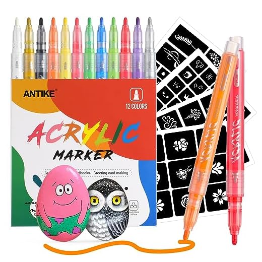 QUELLE 12 Colors Rotuladores Acrilicos Lavable con 104Pcs Plantillas de Pintura, Rotuladores de Pintura Acrílica para Dibujar en Piedras,Cerámica,Cristal,Madera,Metal,Plastico