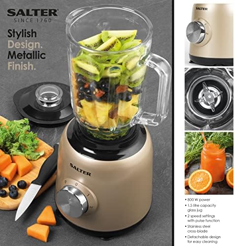 Salter EK4383GOLD Olympus Glass Jug Blender, 1.5L Soup Liquidiser & Smoothie Mixer, 800W Healthy Fruit Juice Maker, Two Speed Settings with Pulse Function, Detachable Design, Soft Gold/Black, Plastic