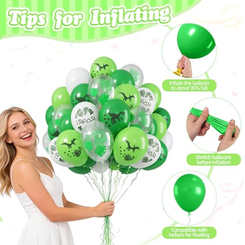 Image of Dinosaur Balloons, 50 Pcs Green White for Boys Dinosaur Birthday Party | 12 Inch Fruit Green White Dino Leaf Print Latex Balloons for Woodland Safari Jungle Dinosaur Baby Shower Party Decorations