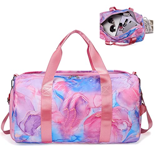 Gym Bag Sports Duffle Bag with Wet Pocket Weekender Overnight Bag with Waterproof Shoe Pouch and Air Hole for Men Women Travel Foldable Bag (Red blue marble)