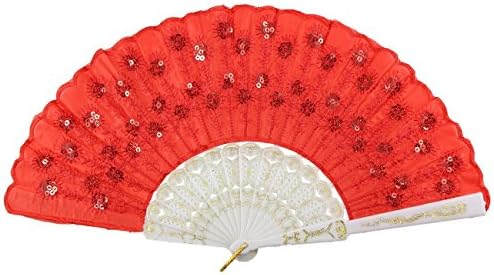 Folding Fan | Everyspace White Base Color with Embroidery Feather Sequin Handheld Handfan for Dance Home Decoration