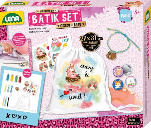 Lena 42706 Bastelset Batik Crazy & Lazy, DIY Rucksack, Komplettset mit Leinenrucksack 27 x 31 cm, 4 Konfetti-Batikfarben, 3 Textilstifte, Bügelfolien, Button Pins und Armband für Kinder, Mittel