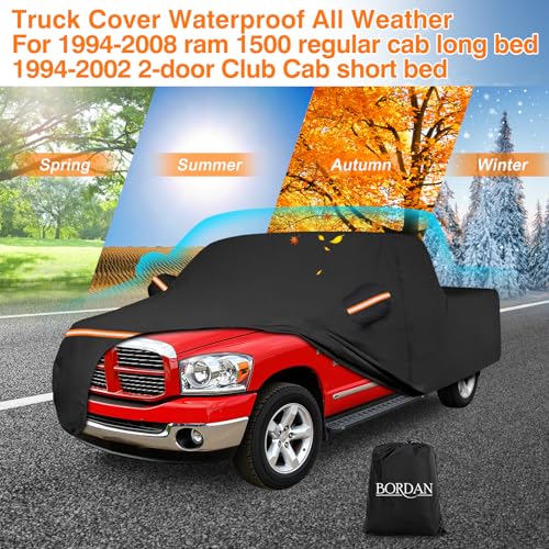 Image of Waterproof Car Cover for 1994-2008 Dodge Ram 1500 Regular Cab 6.5ft Bed | Heavy Duty Full Pickup Truck Car Cover with Zipper Door and Reflrctive, for Ram 1500 2-Door Club Cab Short Bed 1994-2002