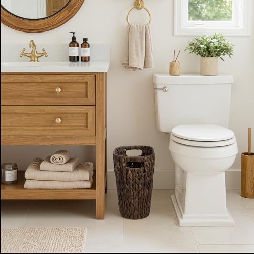Image of StorageWorks 4.5 Gallon Slim Bathroom Trash Can with Built-in Handles, Decorative Wicker Waste Basket for Bathroom and Bedroom, Office Garbage Cans for Bedroom, Narrow Trash Bin for Decor, Brown