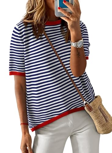 Image of Womens Sweaters Casual Crewneck Short Sleeve Striped Color Block Knitted Cotton Trendy Pullover Sweater Tops