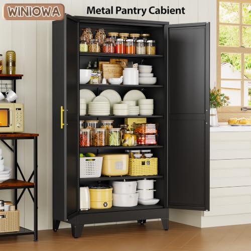 Image of 78.7 inch Tall Metal Pantry Cabinet, Freestanding Kitchen Storage Cabinet | with 2 Doors and 5 Adjustable Shelves, Versatile Storage Cupboard for Kitchen, Laundry, Dining & Utility Room, Black