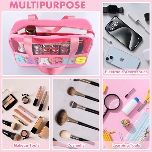 Snack Bag for Travel - Chenille Letter Clear Makeup Bag, Large Preppy Patch Snack Cosmetic Bag with Handle and Zipper, Cute Makeup Pouch Nylon&PVC Waterproof Toiletry Organizer Storage for Women Girls by TESAFNG - Image 5