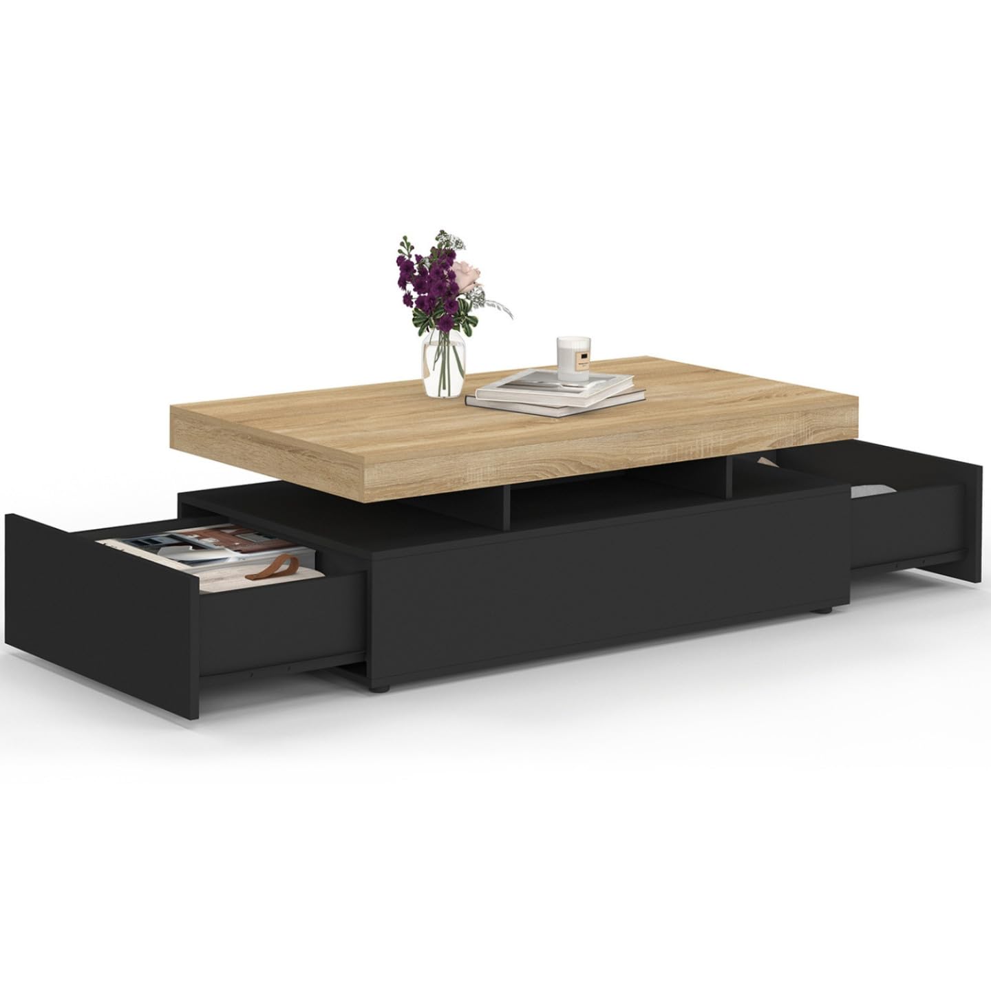 IDMarket - Table Basse Fixe Elsa avec 2 tiroirs Noir et Bois