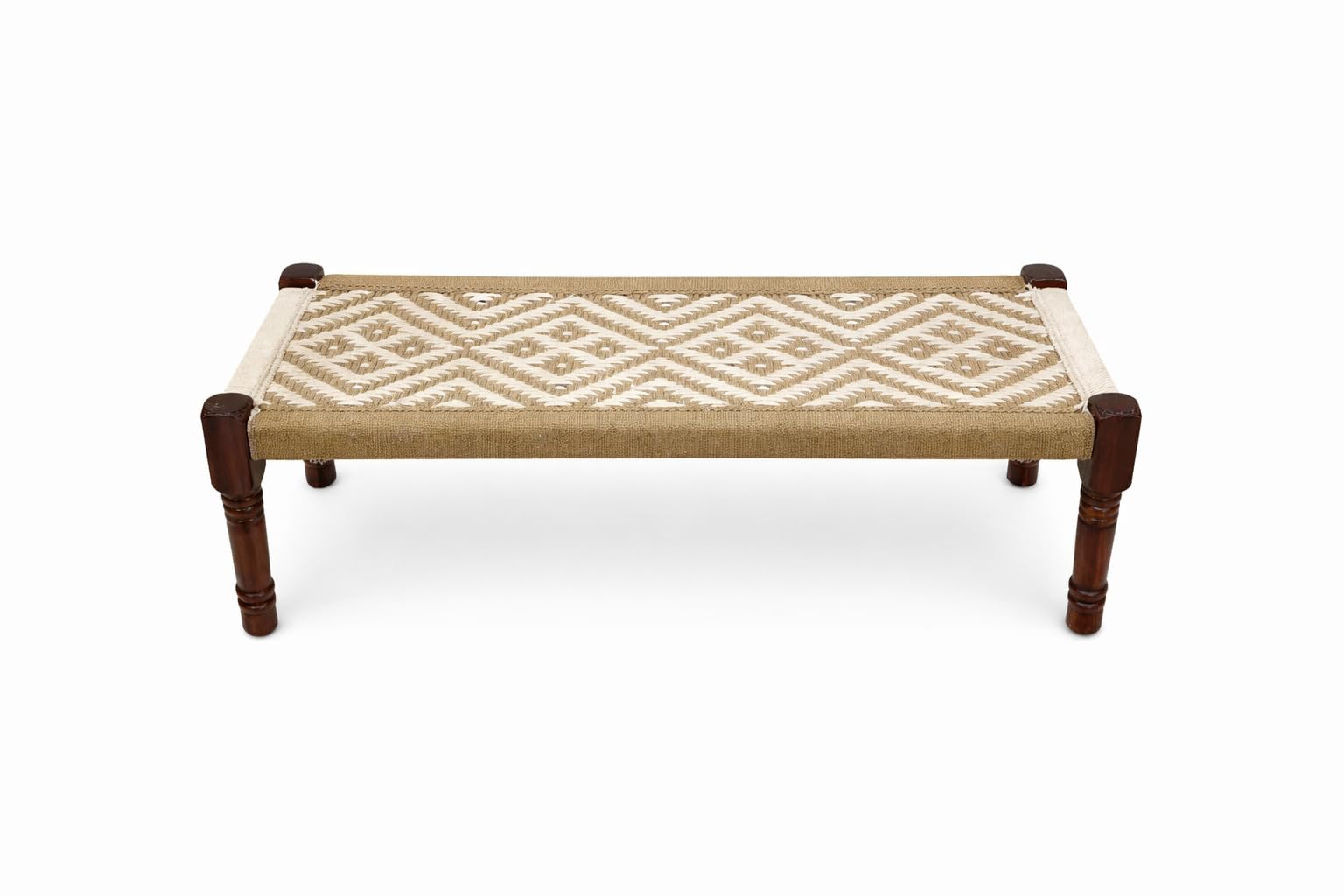 Handwoven Wooden Bench | Traditional Rope Charpai Stool | Solid Wood Frame Seating for Living Room, Balcony & Outdoor | Durable & Stylish Design (White with Jute)-image-30