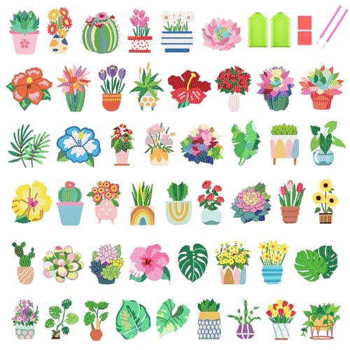 xackcme 48 Pcs Diamond Art Painting Sticker Kits for Kids Flower Diamond Gem Stickers Kit 5D Plants Gem Art Stickers Mosaic for Kids Gift for Boys Girls 4-8-10-12 Years Old