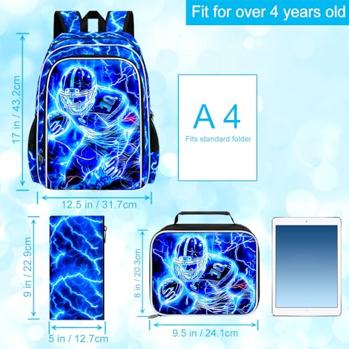 Image of 17 inch Football Backpack for Boy, 3Pcs Lightning Bookbag for Elementary Preschool Kindergarten, Kids School Backpacks with Lunch Box (Blue)