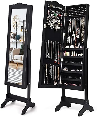 CASART Mirrored Jewelry Cabinet, Free-Standing Jewelry Armoire with Adjustable Mirror and Storage Shelf, Bedroom Makeup Jewelry Organizer for Women Girls (Black)