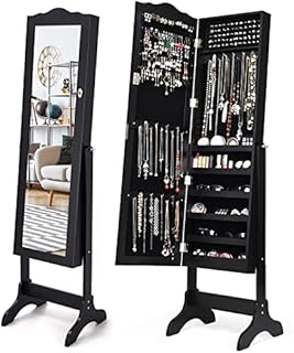 CASART Mirrored Jewelry Cabinet, Free-Standing Jewelry Armoire with Adjustable Mirror and Storage Shelf, Bedroom Makeup Jewelry Organizer for Women Girls (Black)