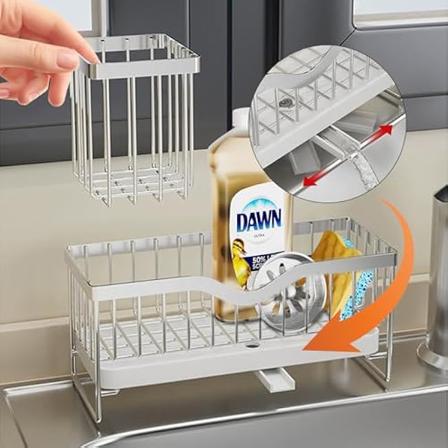 Kitchen Sink Caddy, Sponge Holder for Kitchen Sink, Stainless Kitchen Gadgets Dish Sponge Organizer Divider, Gray, 10*4.5*5.9