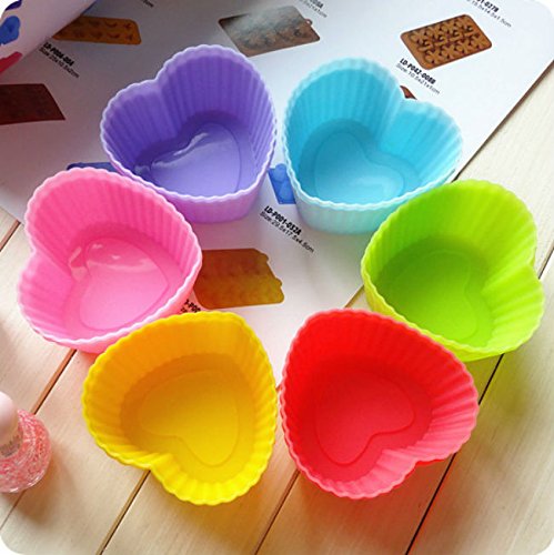 Hua You Yongsheng Non-Stick Silicone Heart Shape Bakeware Baking Cup Cake Molds (Multi-coloured)-Set of 6 Pieces
