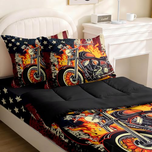 Image of Kids Comforter Set,Zipper Bedding Twin for Teen,Motorcycle Printed Comforter Set with Fitted Sheets and Pillowcases for All Season(Motorcycle Twin)