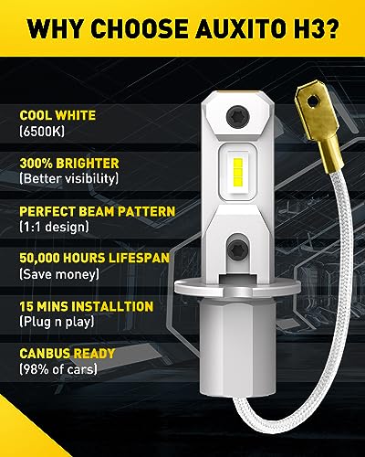 Image of AUXITO H3 LED Fog Light Bulbs 6500K White, 300% Brighter CSP Chips, 1:1 Mini Size, Plug n Play, H3ll LED Bulb Light for Fog Lamp, DRL, High /Low Beam, Pack of 2
