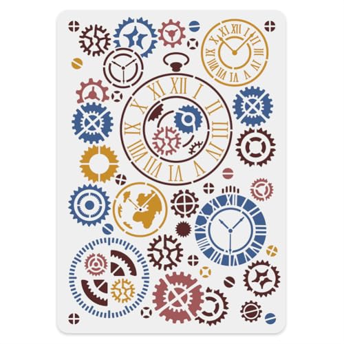 FINGERINSPIRE Vintage Clock Stencil for Painting 21x29.7cm Reusable Gear Clock Painting Stencil Steampunk Gears Template Art Gear Chronograph Plastic Stencil for Painting on Wood Wall Furniture