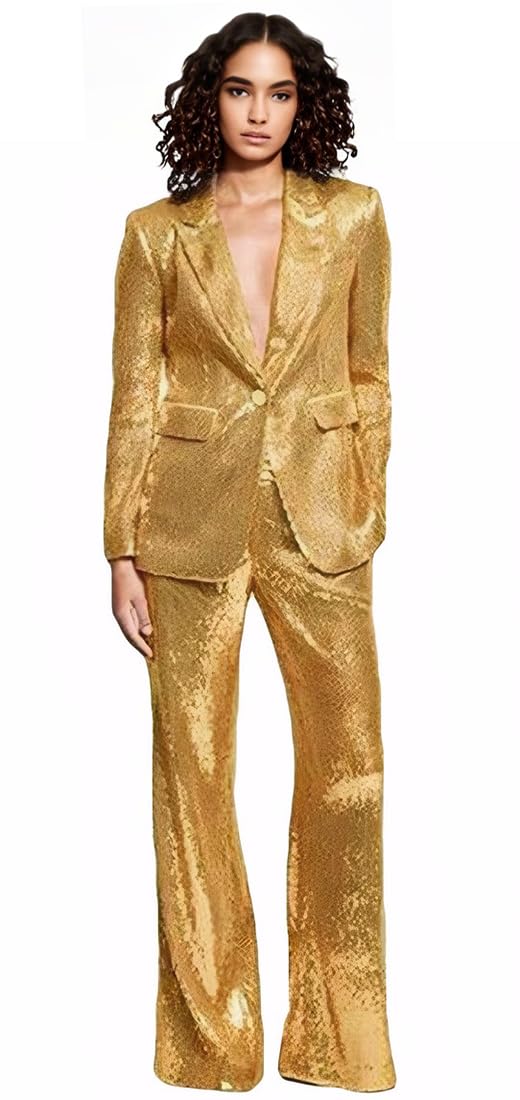 Womens Sequined Fashion Suit Set One Button 2 Piece Wedding Tuxedos Blazer Pants Prom Party Outfit
