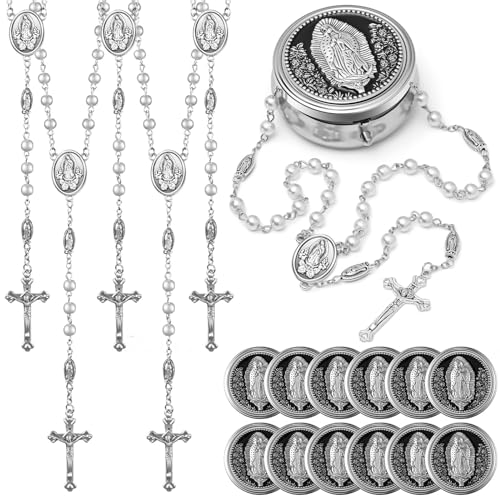 Jadive 12 Sets Catholic Rosary Necklace 6mm Glass Pearl Beaded Necklace with Metal Gift Box for Women Men Prayer Gift