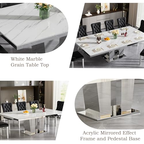 Image of White Faux Marble Extendable Dining Table Set for 6 Mirrored Base | 63 inch-94 inch Mirrored Pedestal Dining Set with 6 Velvet Chair,Modern Large Expandable Kitchen Table Set for Dining Room Gathering