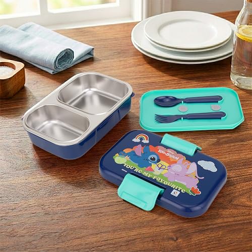 Image of Lilo and Stitch Double Compartment with cutlerys Multicolor 460Ml Lunch BoxLeak-Resistant Food Storage Container | BPA-Free Plastic Tiffin Box | Microwave Safe Lunch Box