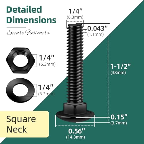 Image of (20 Sets) 1 /4-20 x 1-1 /2 Carriage Bolts with Nuts and Washers, 304 Stainless Steel Round Head Square Neck 1 /4 Carriage Bolts Screws, Full Thread Black Oxided for Outdoor