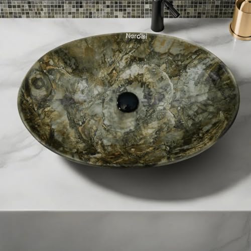 Image of Designer Counter Top Wash Basin | Tabletop Ceramic Bathroom Sink | Wash Basin Over Counter | Wash Basin For Bathroom, Living Room (24 x 15 x 6 Inch) (Glossy Wooden Green)