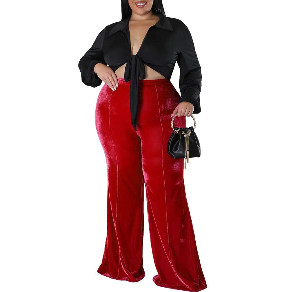 HANMAX Womens Velvet Elastic Waist Flare Leg Palazzo Long Pants Plus Size Trousers