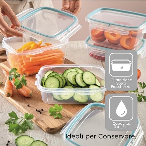 Snips - Set 3 Contenitori per Alimenti 1,2L Trasparenti, Coperchio Salva Freschezza con 4 Chiusure di Sicurezza - Contenitore per Cibi 18,4x14x12 Frigorifero, Microonde e Lavastoviglie, Made in Italy - immagine 3