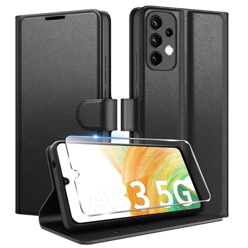Coiwxmoi für Samsung Galaxy A33 5G Hülle Mit 1 Stück Panzer Schutz Glas Wallet Premium PU Leder Handyhülle Standfunktion Schutzhülle Kartenfach Stoßfeste Klapphülle Flip Case Cover Schwarz
