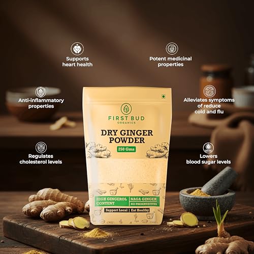 Image of First Bud Organics Dry Ginger Powder - 250gm | Organic Ginger Powder With High Gingerol Content | Non GMO, Gluten Free & No Preservatives | Perfect For Cooking, Baking, Smoothies, and Teas