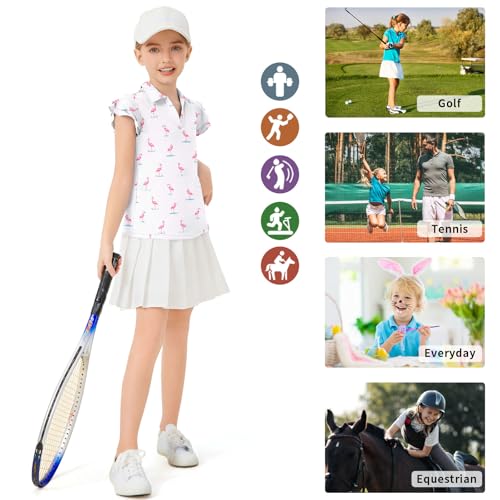 Image of Soneven Girls Ruffle Sleeve Polo Shirts V-Neck Golf Tennis T-Shirts Uniform Shirts Quick Dry for 4-14 Years