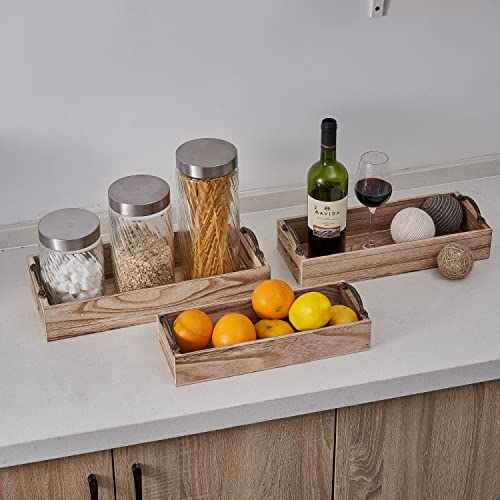 3Pcs Burnt Narrow Wooden Serving Trays(13.8"/15.2"/16.5") With Decorative Antique Metal Handles - Sink Vanity Trays/Farmhouse Decor Rectangular Tray For Coffee Table/Bed Food,Breakfast,Dessert,Tea #TOP3