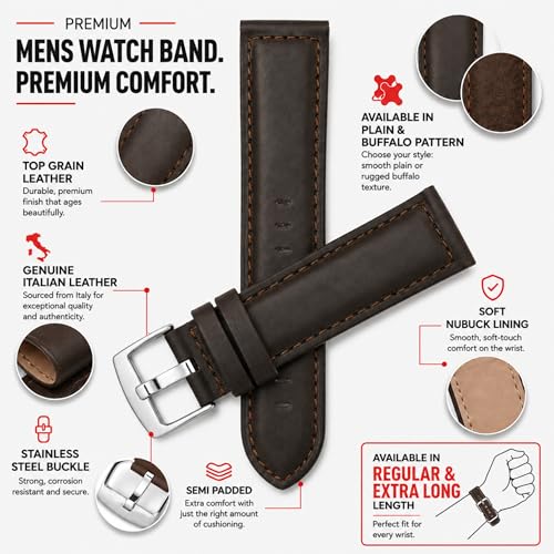 Image of Bandini Mens XL Extra Long Leather Watch Band or Regular Strap, Classic or Buffalo Pattern - 4 Colors, With or Without Stitch - 18mm 20mm 22mm 24mm 26mm 28mm 30mm Leather Watch Band for Men