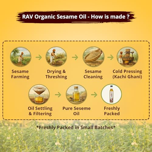 Image of Rav Organics Certified Organic Cold Pressed Sesame Oil- 250ml | Wood Pressed Gingelly Til Oil for Cooking | Til Ka Tel | White Sesame Nallennai | Omega 6 & 9 | Massage Oil for Hair - Body - Skin & Baby Care