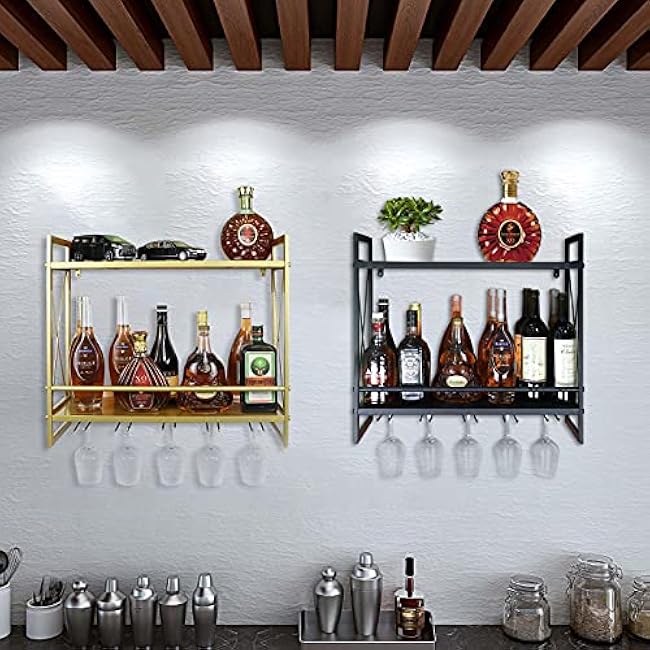Metal Multipurpose Shelf Hung Bracket 24.2in, Gold Wine Racks Wall Mounted with Glass Holder, 2-Tiers Wall Mount Bottle Holder Glass Rack