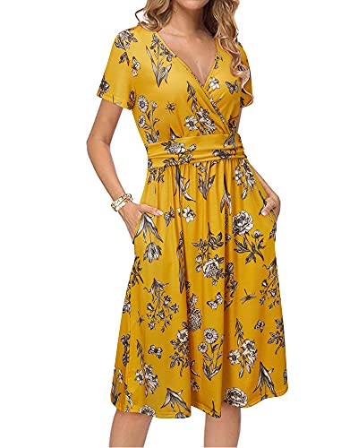 Image of Newshows Women's Pockets Wrap V Neck Floral Summer Vacation Casual Sundress | Wrinkle Free, Stretchy, Summer Beach Floral Sundress 2026, Casual Dress for Vacation, Guaduation, Side Pockets, A-line