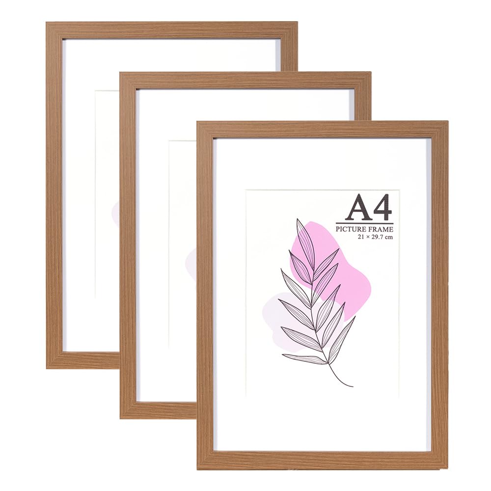 Baoee Brown Picture Frame A4 with Mount,Set of 3,photo frame with acrylic glass,certificate frame,Freestanding and Wall Mountable