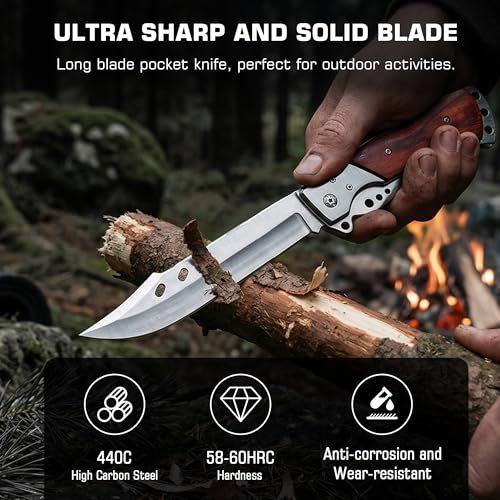 Taschenmesser mit Palisandergriff, Halb Klappmesser aus 440C-Stahl, Einzigartiges Langer Klinge Scharfes Jagdmesser Outdoor Messer für Camping-, Survival-, Wandern- und Geburtstagsgeschenk für Männer