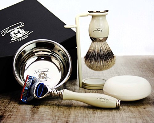 Haryali London 5 Pc Mens Shaving Kit 5 Edge Safety Razor With Silver Tip Badger Hair Shaving Brush, Stand, Soap and Bowl Perfect Set For Men