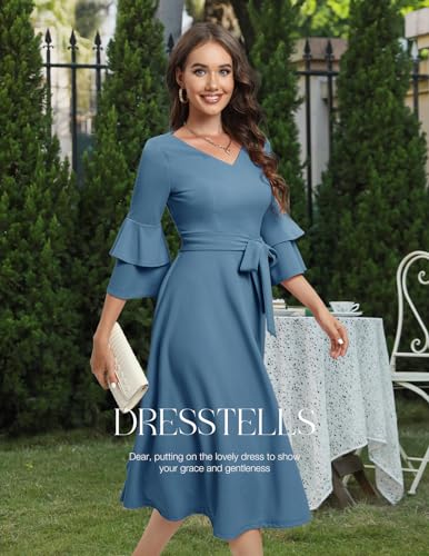 Image of DRESSTELLS Women's Cocktail Dress Summer Wedding Guest Party Vintage 3 /4 Bell Sleeve V Neck A-Line Dress