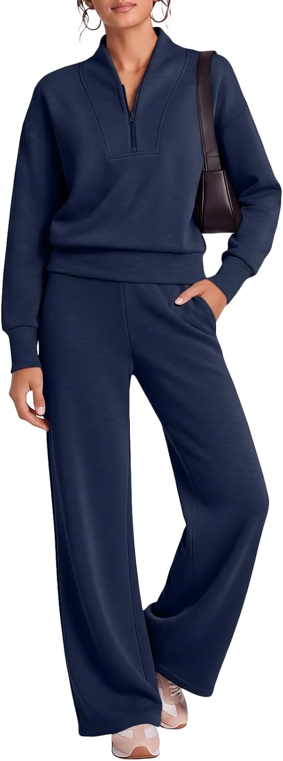 EFAN Womens 2 Piece Quarter Zip Sweat Set 2026 Fall Lounge Matching Outfit | Airport Travel Casual Track Suit, Cropped Pullover Sweatshirt, Wide Leg Pants, Jogging Athletic Cloth, Cozy V Neck Wear