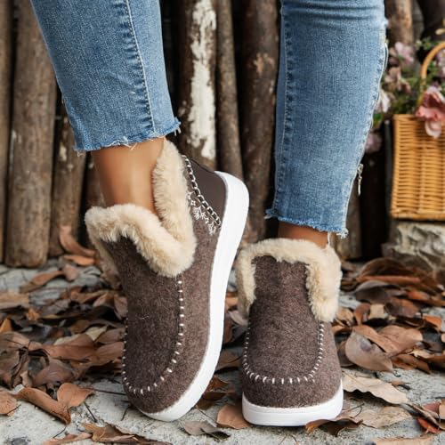 SACFOF Womens Winter Flat Fluffy Snow Boots,Warm Faux Fur Lining Anti-Slip Slip on Loafer Casual Outdoor Plush Short Booties3