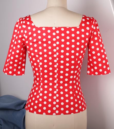 YARN & INK Women's 1950s Pinup Tops, Rockabilly Vintage Blouse Medium Sleeves Sweetheart V-Neck Shirt2